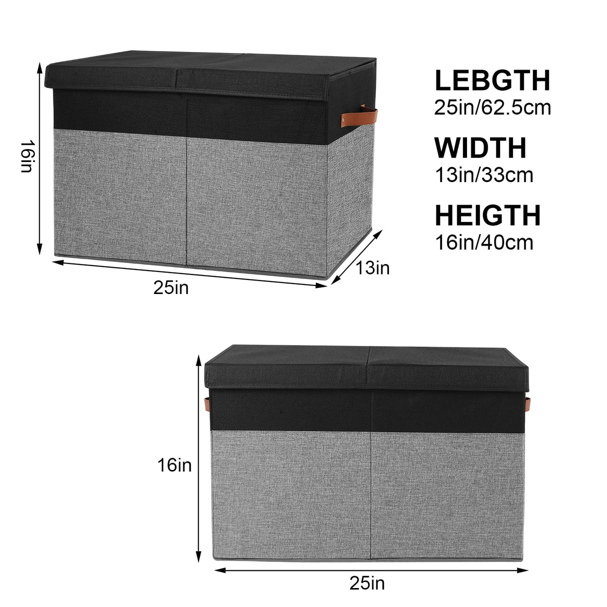 Large Toy Storage Box with Lid, Sturdy Toys Storage Chest Bin Organizer Basket with Dividers for Kids, Boys, Girls, Nursery, Closet, Bedroom, Playroom 25"x13" x16" (Black and Grey)