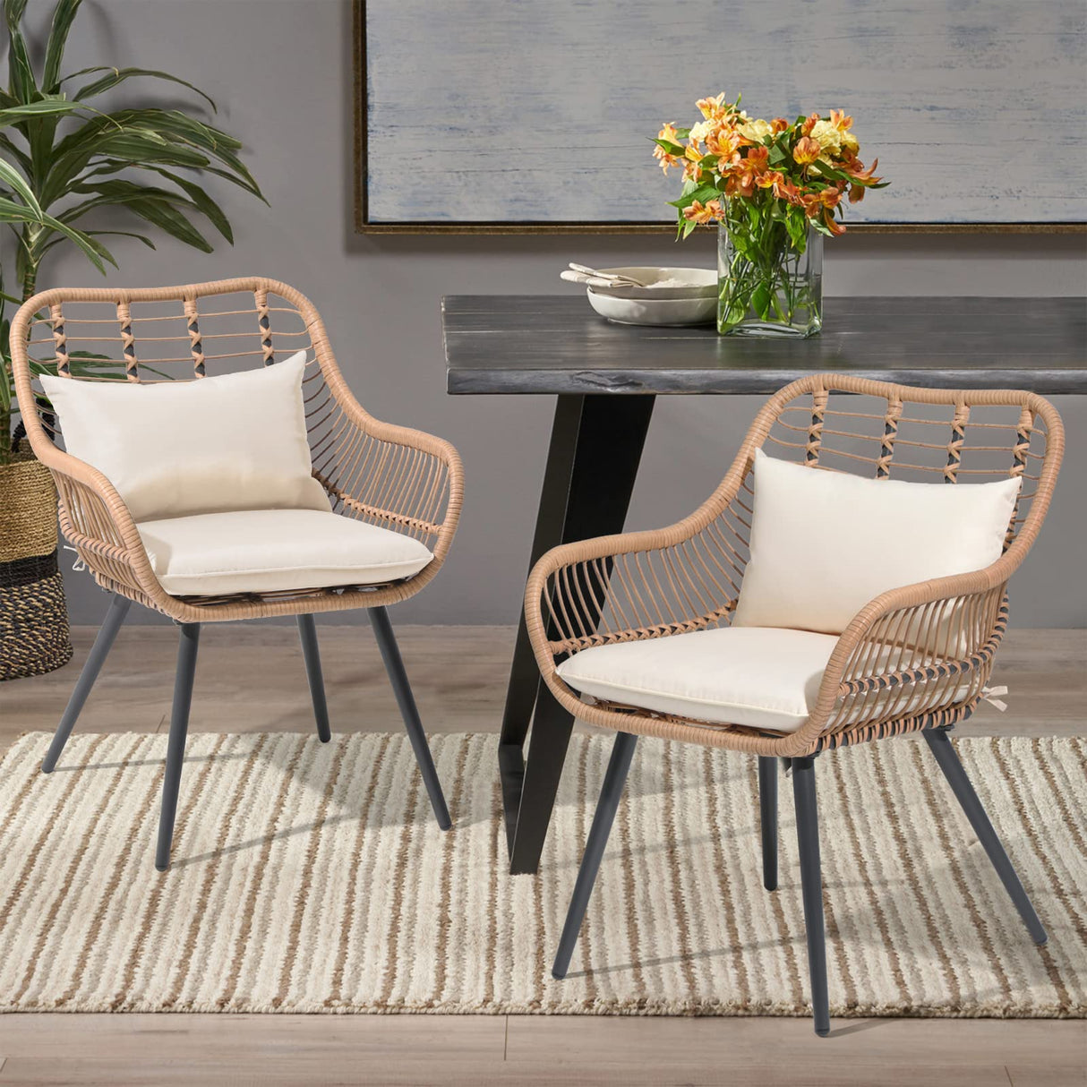 Set of 2 Patio Dining Chairs, Outdoor Wicker Seating Set with Soft Cushion
