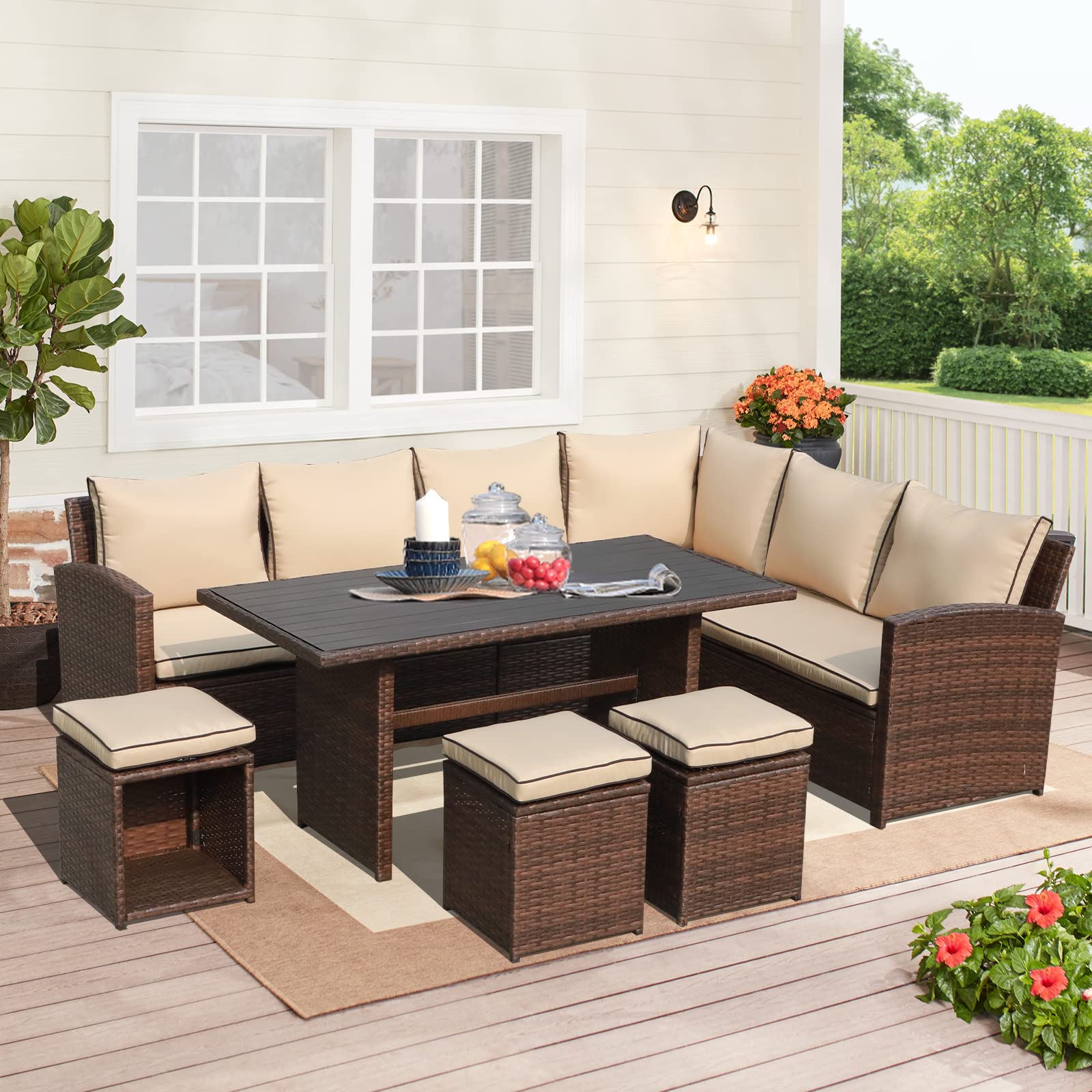 7 Pieces Patio Furniture Set, Outdoor Patio Dining Sofa Set W/Cushion