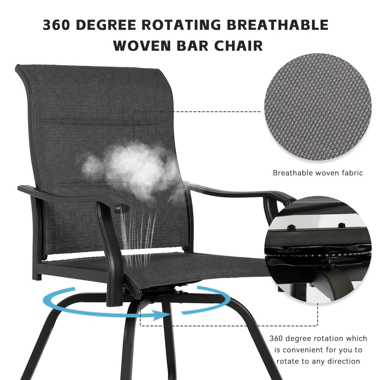 Patio Bar Set Swivel Bar Stools Outdoor Bistro Textilene Furniture Stability All-Weather Set