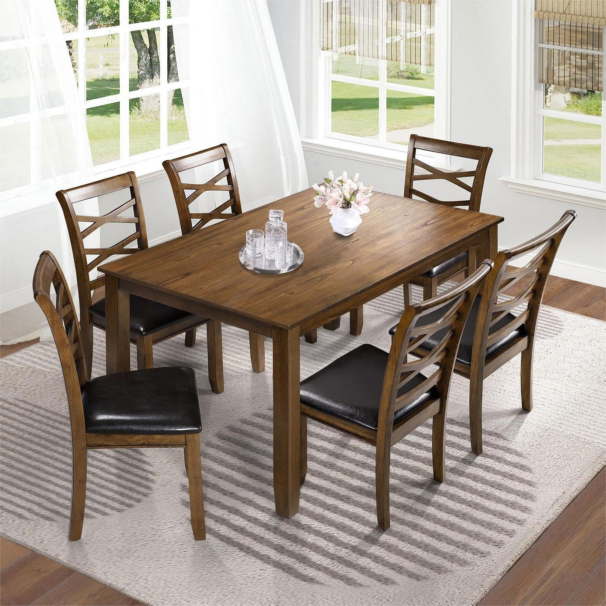 6, Rubber Wood Dining Table with 6 Cushioned Chairs Rustic Kitchen Table, 60" L x 36" W