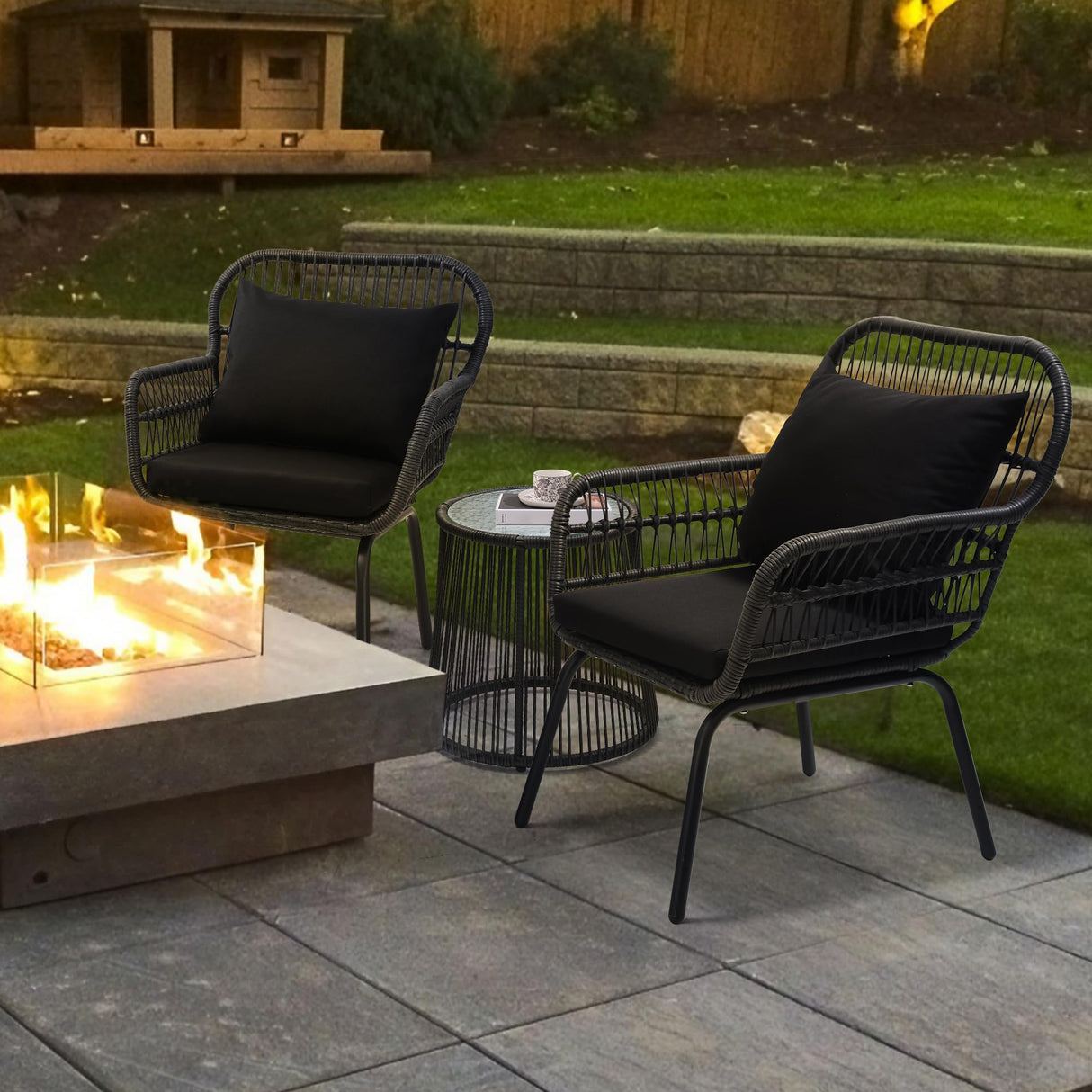 3-Piece Rattan Wicker Bistro Set with Glass Top Table - Space-Saving Outdoor Patio Furniture