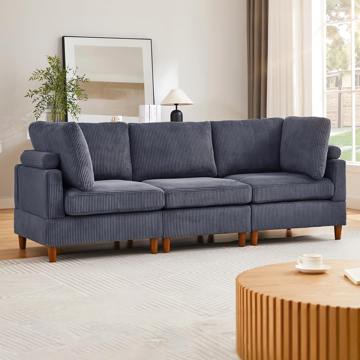 90 Inch Modular Couch, 3 Seater Corduroy Couch, Modern Convertible Sofa, Loose Back,