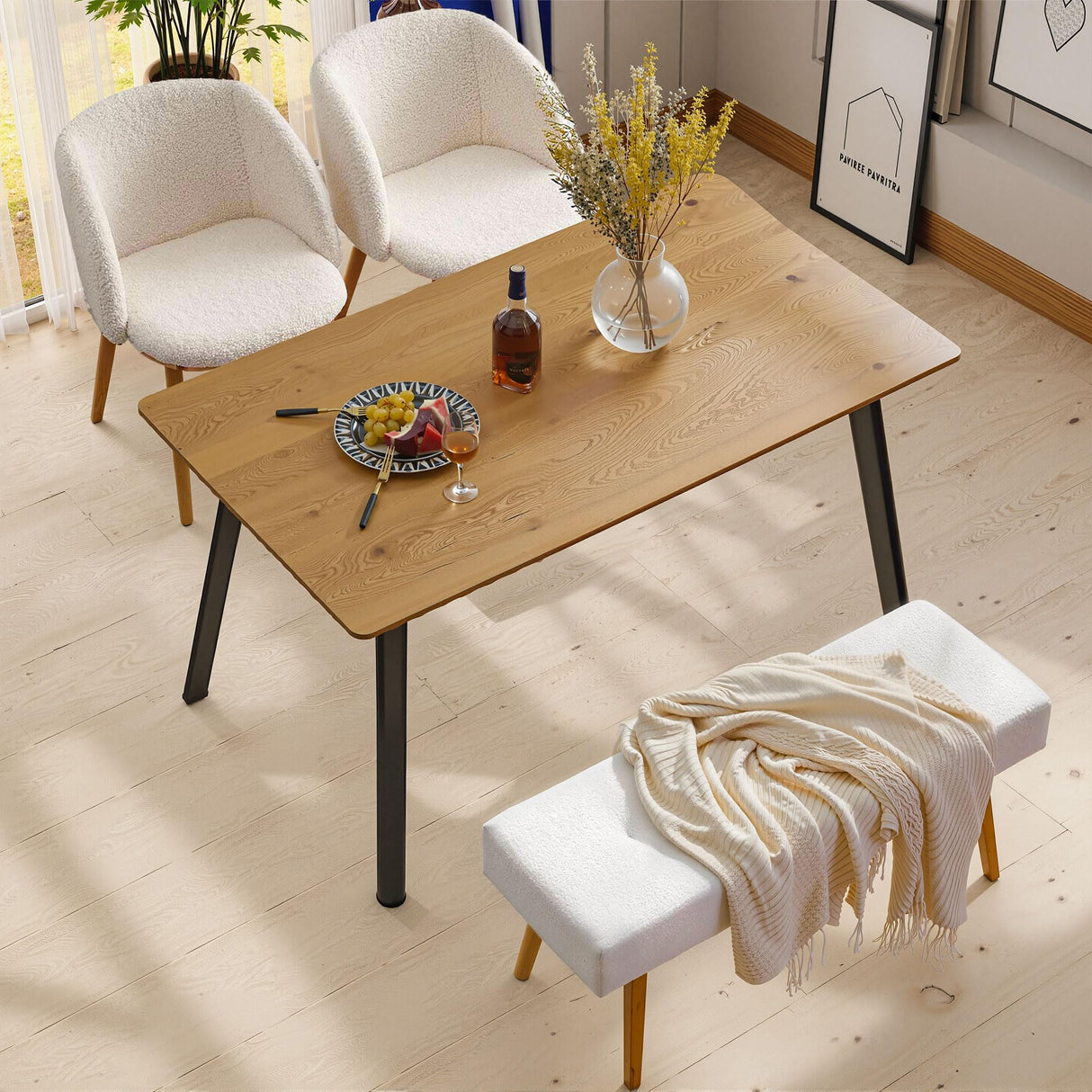 49" Rectangular Dining Table for 4-6 People - Modern Faux Oak Wood Grain with Black Metal Legs