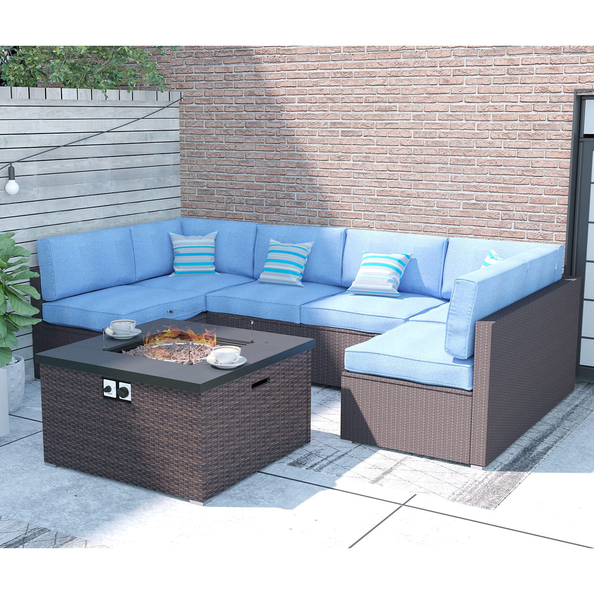 Outdoor 7 Pieces Sectional Sofa w Fire Table, Dark Brown Rattan Patio Furniture w 32-inch