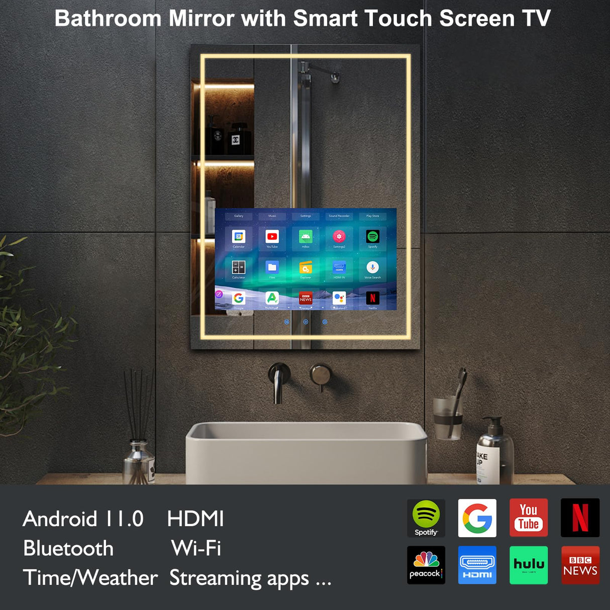 24x32 Inch Smart Bathroom Vanity Mirror with Touch Screen & LED Lighting