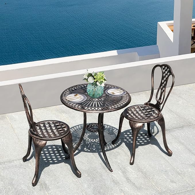 3 Piece Outdoor Bistro Set, All Weather Cast Aluminum Patio Dining Retro Table and Chairs
