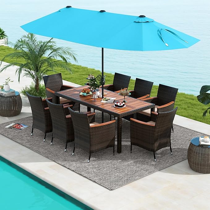 10 Piece Patio Rattan Dining Set with 15Ft Double-Sided Umbrella