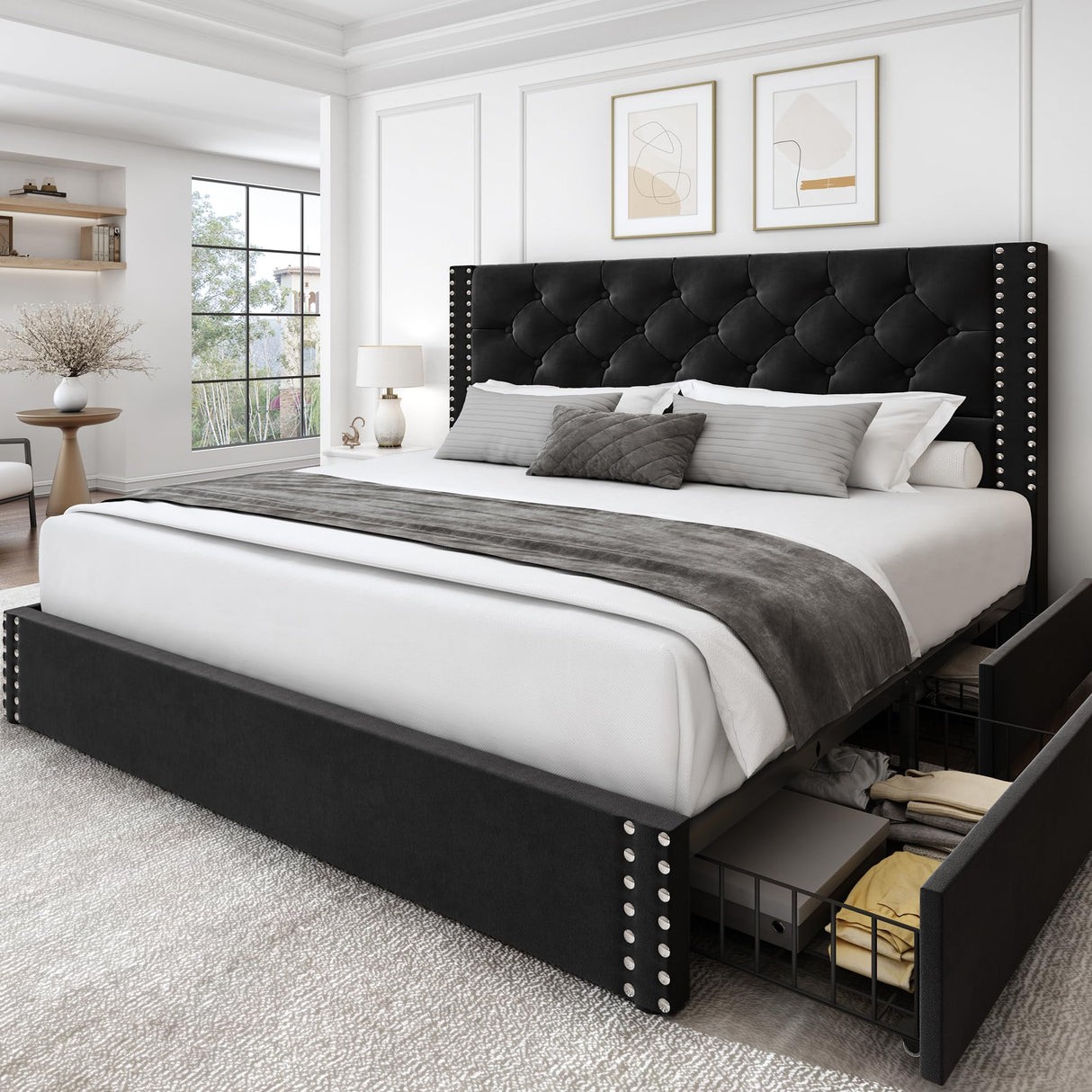 LARMACE Queen Size Upholstered Bed Frame with Storage Velvet Platform Tufted Bed Frame with 4 Drawers and Headboard, Wood Slats Support, No Box Spring Required, Noise-Free, Black