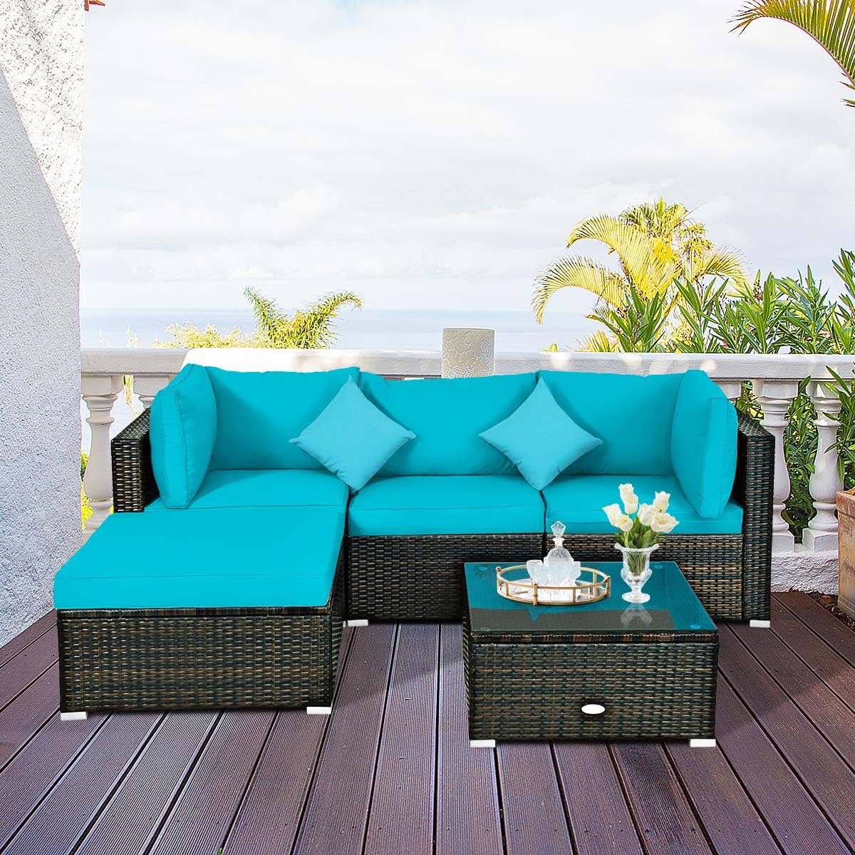 5-Piece Outdoor Patio Conversation Set with Cushions - Rattan Wicker Sectional Sofa & Coffee Table
