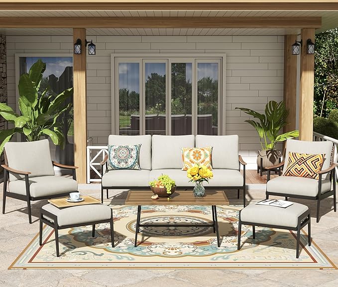 6 Pieces Patio Furniture Set, Outdoor Furniture Sofa Sectional Modern Metal Patio Conversation Set