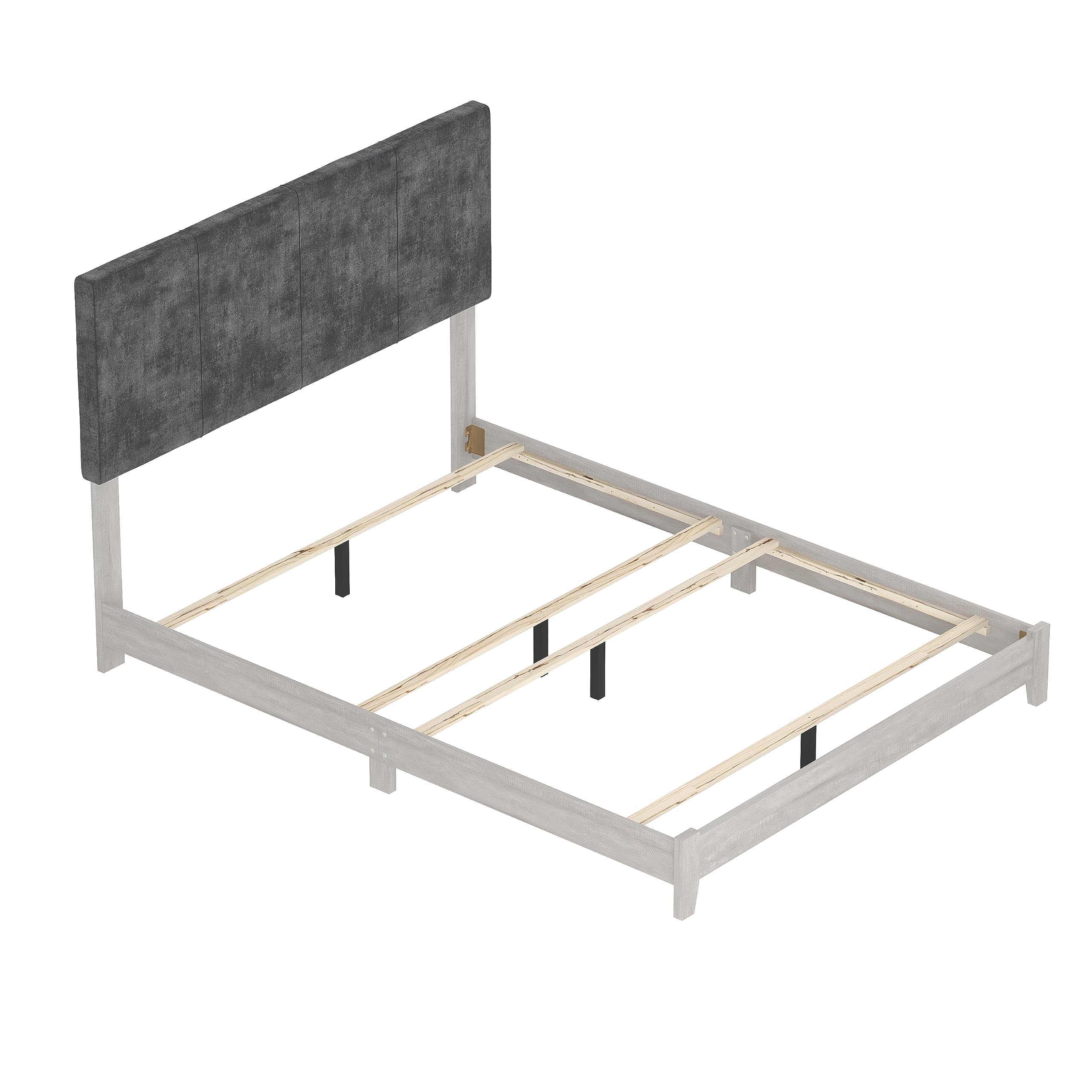 Wood Queen Bed Frame with Velvet Headboard, Wood Slat Support