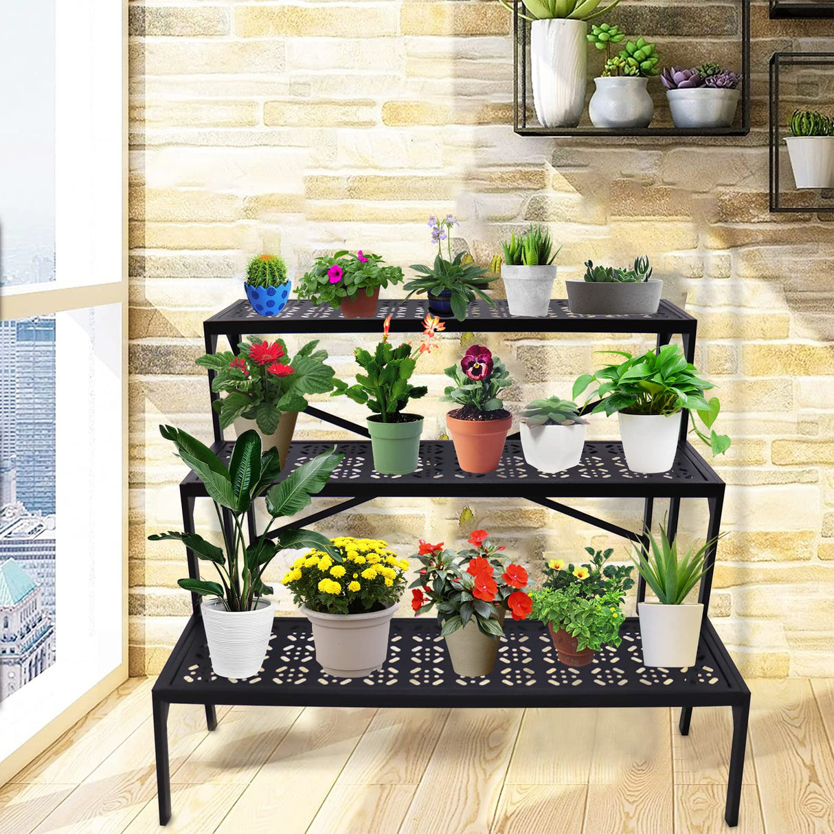 aboxoo 3 Tiers Metal Plant Stand, Ladder Flower Pots Holders, Step Display Rack, Heavy Duty Utility Storage Organizer Rack for Home Garden Patio Balcony, Stair Style Stand