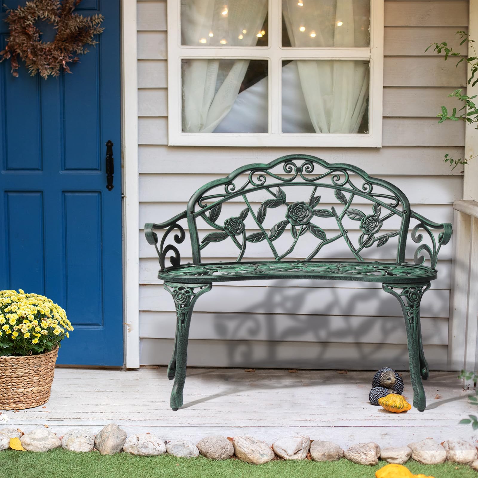38.5" Patio Park Garden Outdoor Metal Rose Bench