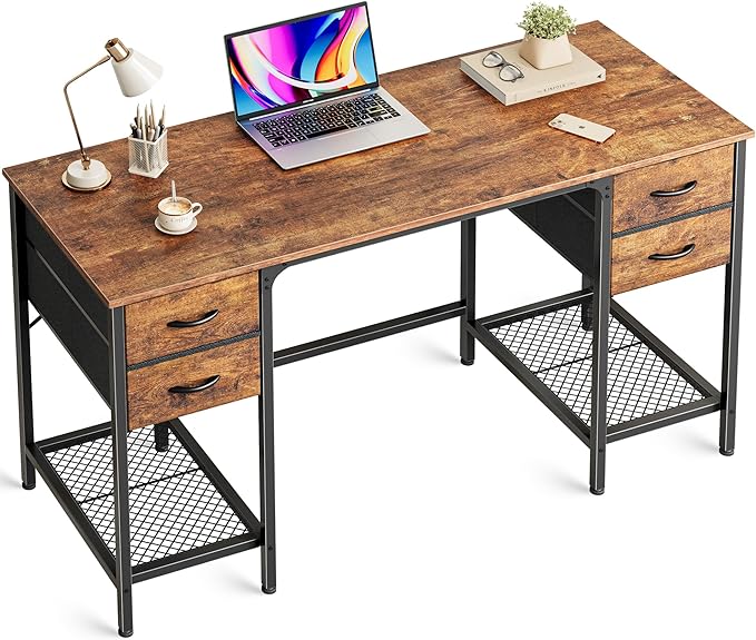 55 Inch Computer Desk with 4 Drawers, Office Desk with Mesh Shelf