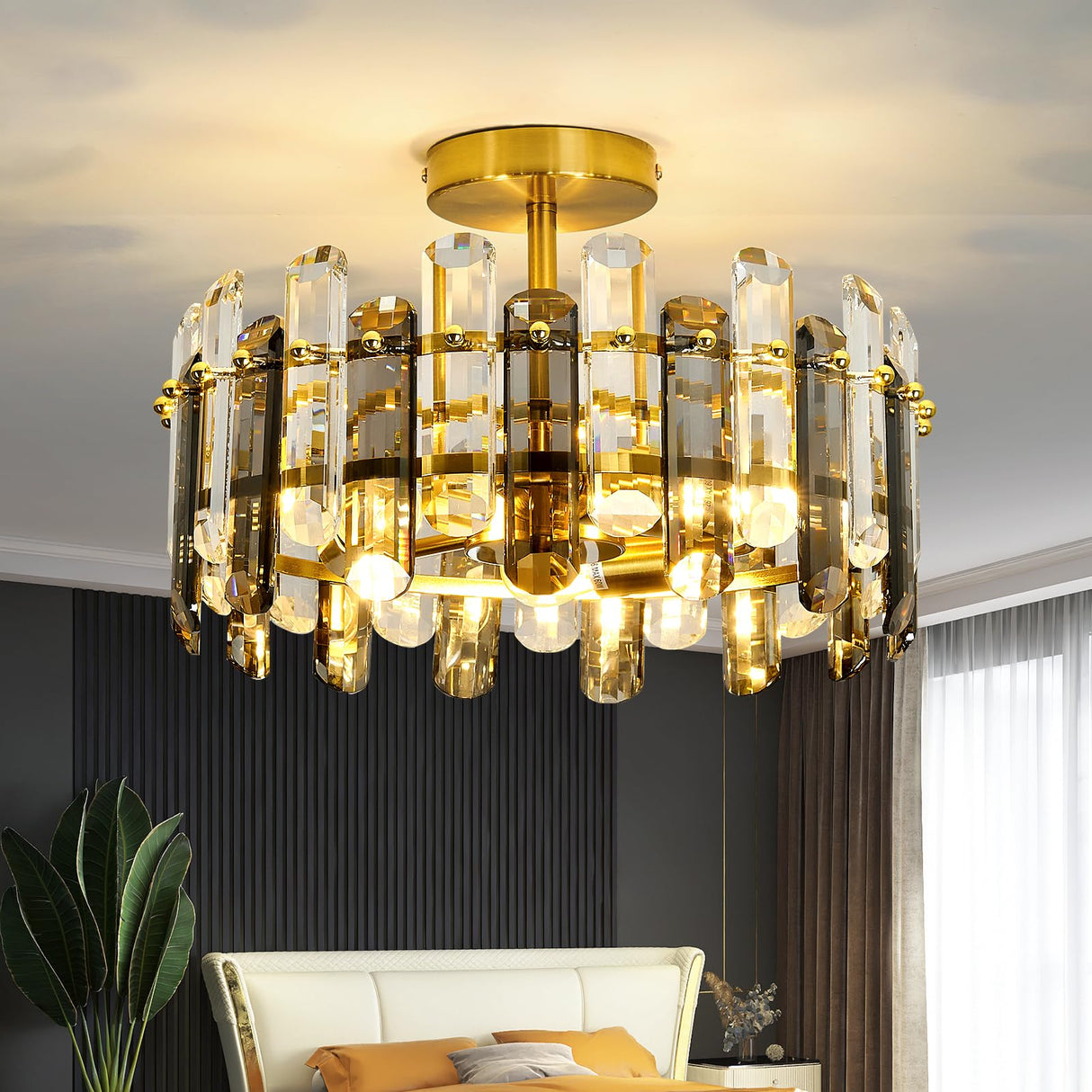 Light Crystal Ceiling Light Fixture Modern Gold Semi Flush Mount Ceiling Light Metal Close