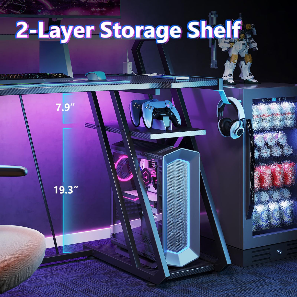 Gaming Desk with Power Outlet & LED Lights, Gaming Computer Desk 47inch with PC