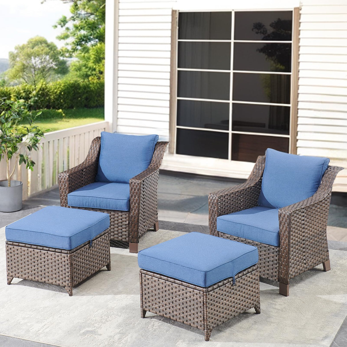 Outdoor Wicker Ottomans Rattan Footrests - Heavy Duty Outside Resin Rattan