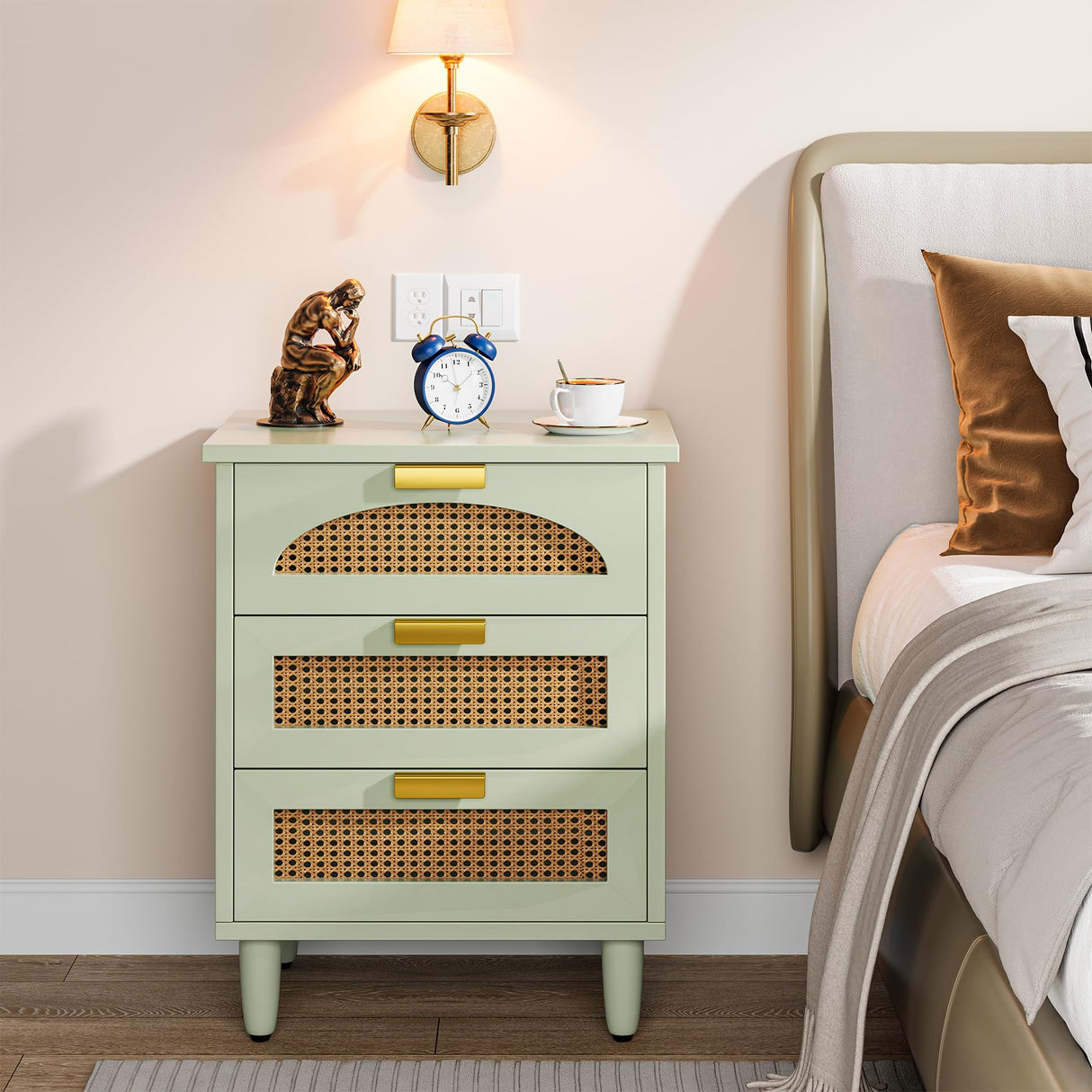 Mint Green Nightstand, 3-Drawer Rattan Night Stand Side Table, Accent Bedside Tables