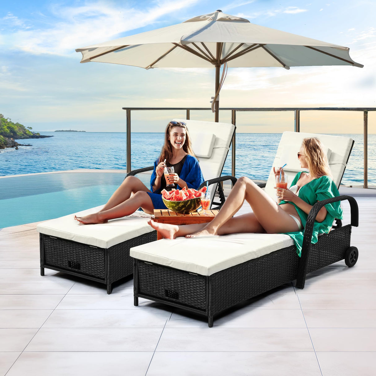 Outdoor Wicker Chaise Lounge Chair Set of 2 w/Storage, Rattan Patio Pool Lounger