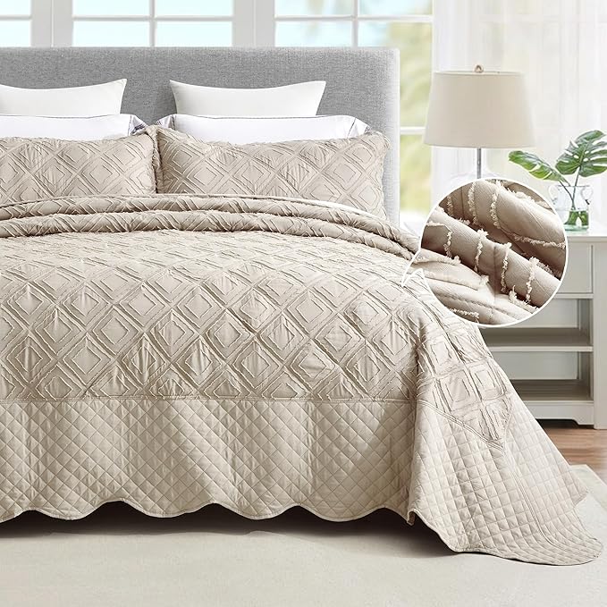 Oversized King Bedspread Extra Wide, Jacquard Tufted Diamond Pattern