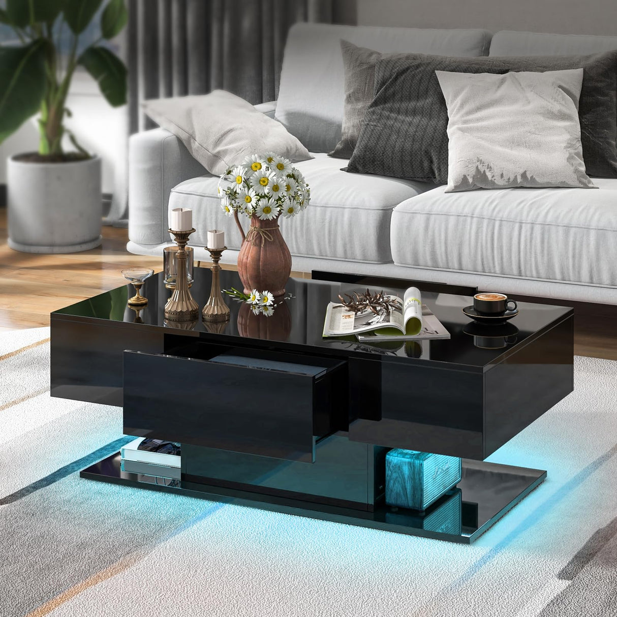 LED Coffee Table with 2 Drawers, High Glossy Modern Center Table