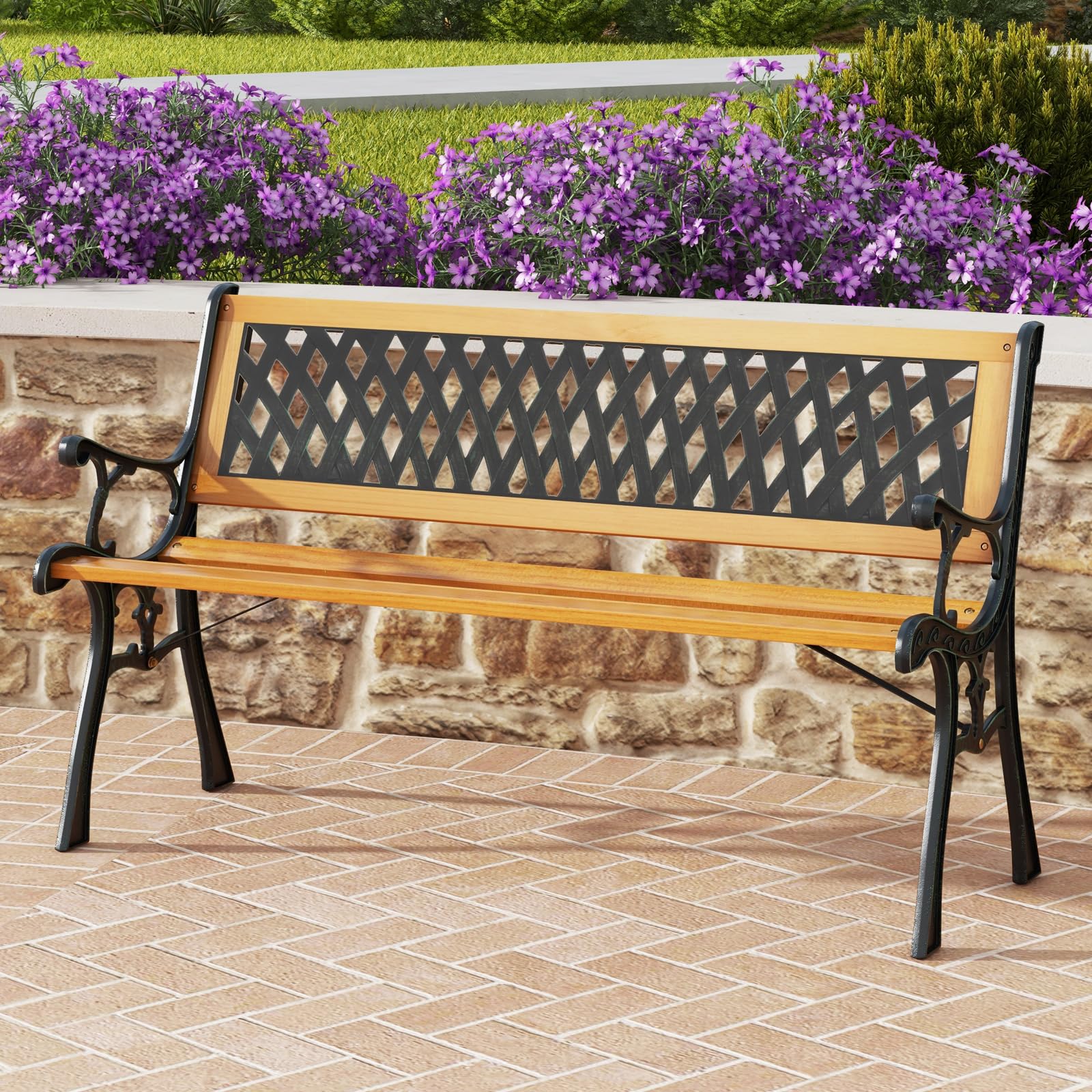 Outdoor Garden Bench Park Bench, Patio Bench Chair with Cast Iron & Hardwood Structure