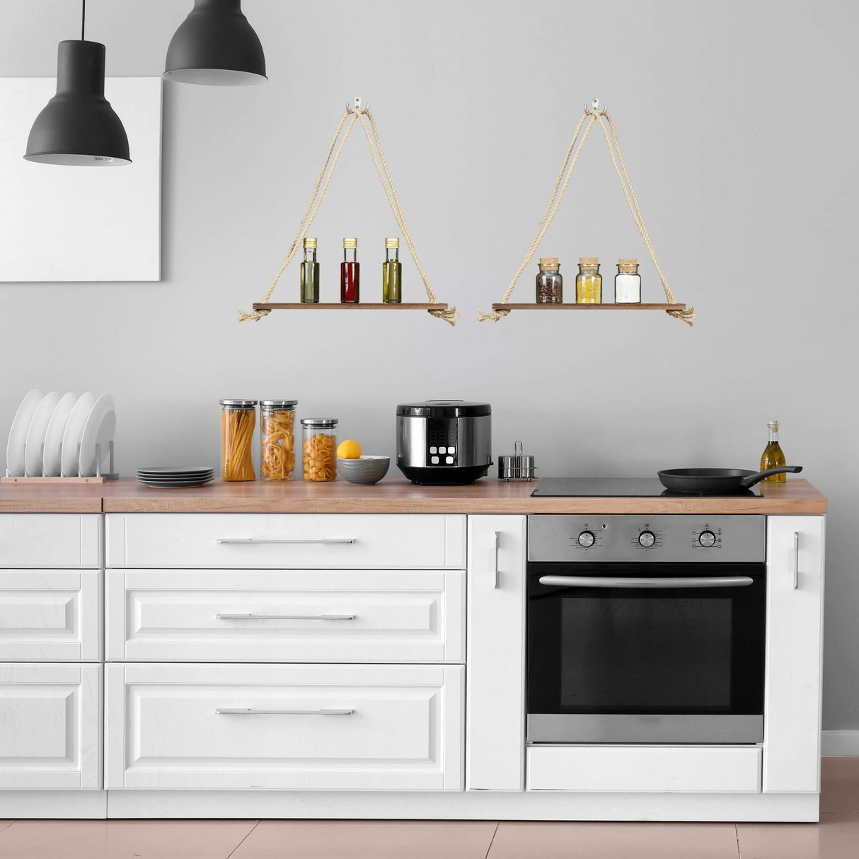 Wooden Floating Shelf with Rope, Set of 2, Display, Decoration, Kitchen