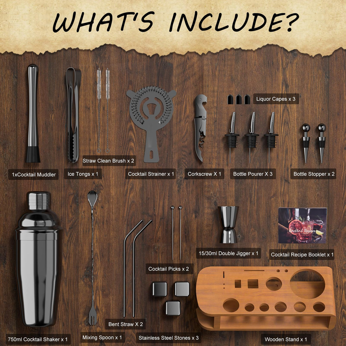 Cocktail Shaker Set with Bamboo Stand, 26-Pieces Bartender Kit 25 oz Martini Bar Tools Set