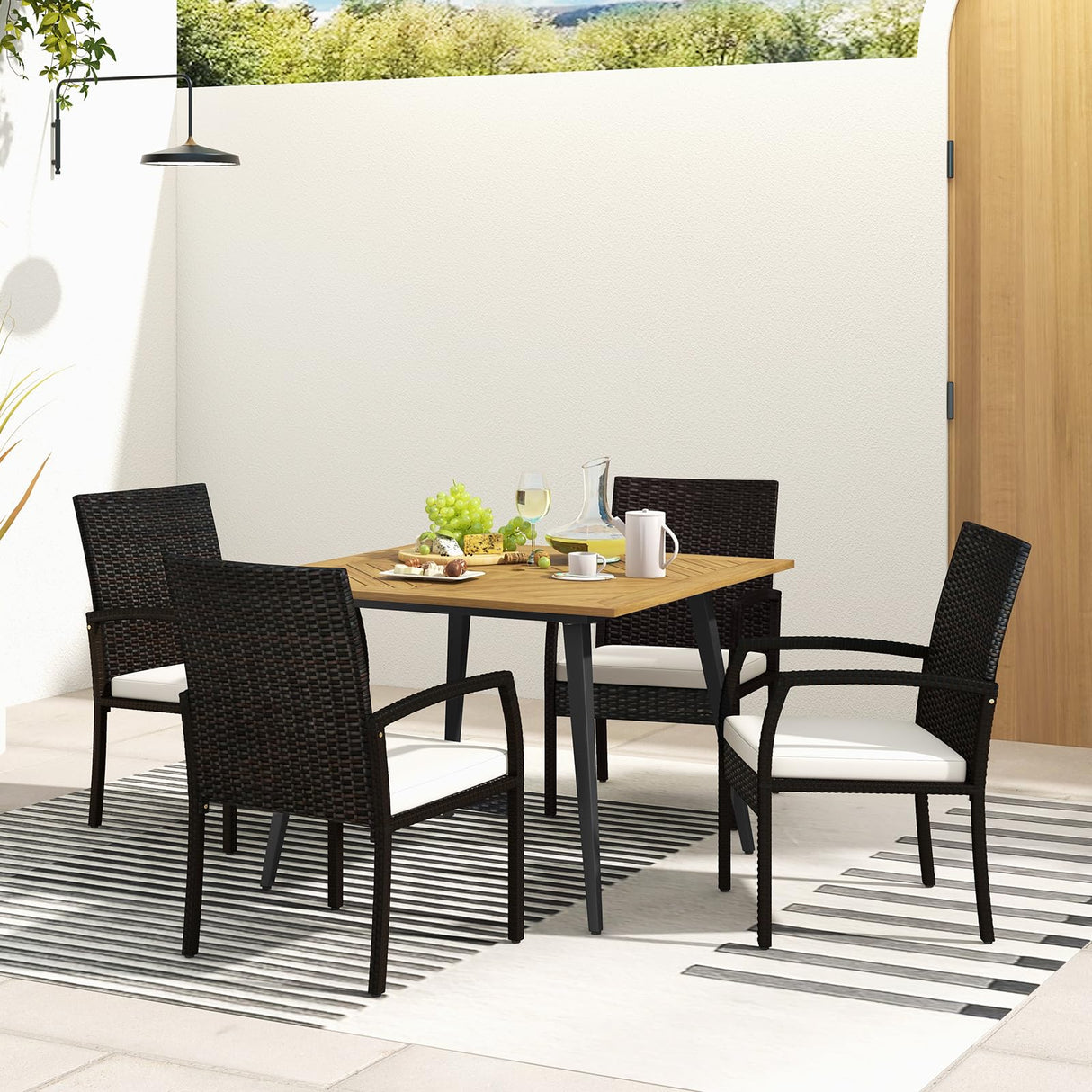 5 Pieces Patio PE Wicker Dining Set, Outdoor Dining Table and Chairs with Cushions