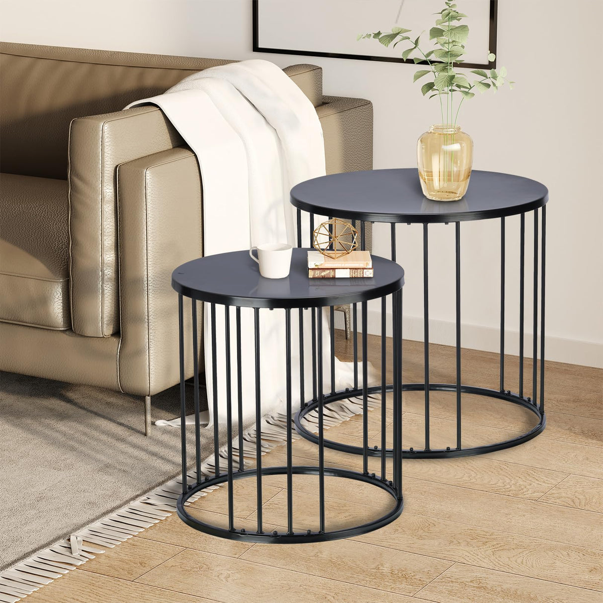 SUNNYPARK Outdoor Side Table Set of 2, Metal Circle Accent End Tables for Balcony Backyard Garden Indoor Living Room, Durable Black Nesting Coffee Tables, 20”+16” Dia - Bircata