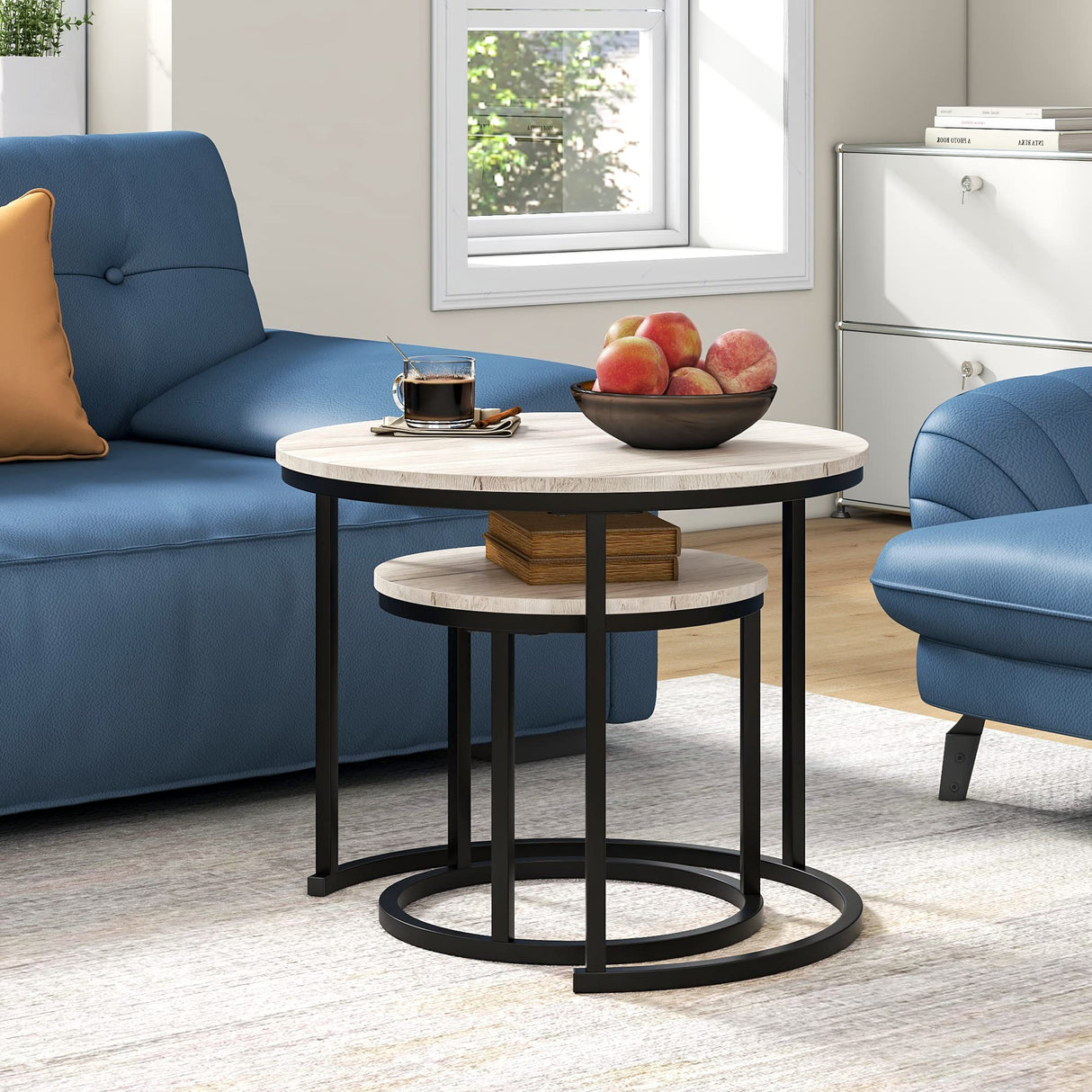 Industrial Round Coffee Table Set of 2 for Living Room,Rustic Small Wood Coffee Table