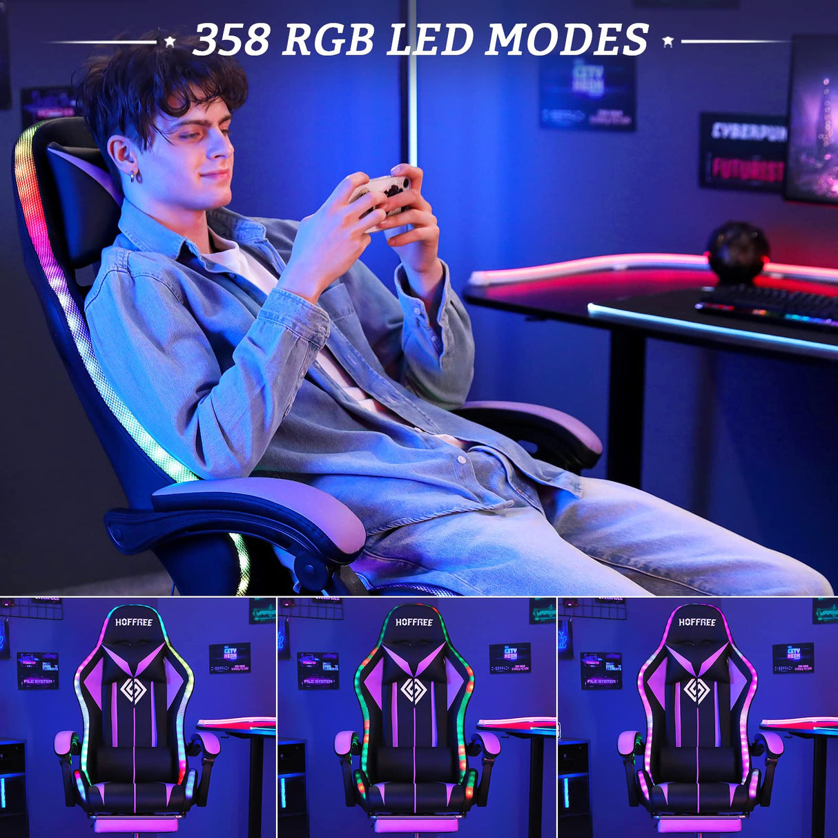 Ergonomic Gaming Chair with Bluetooth Speakers, LED RGB Lights & Massage