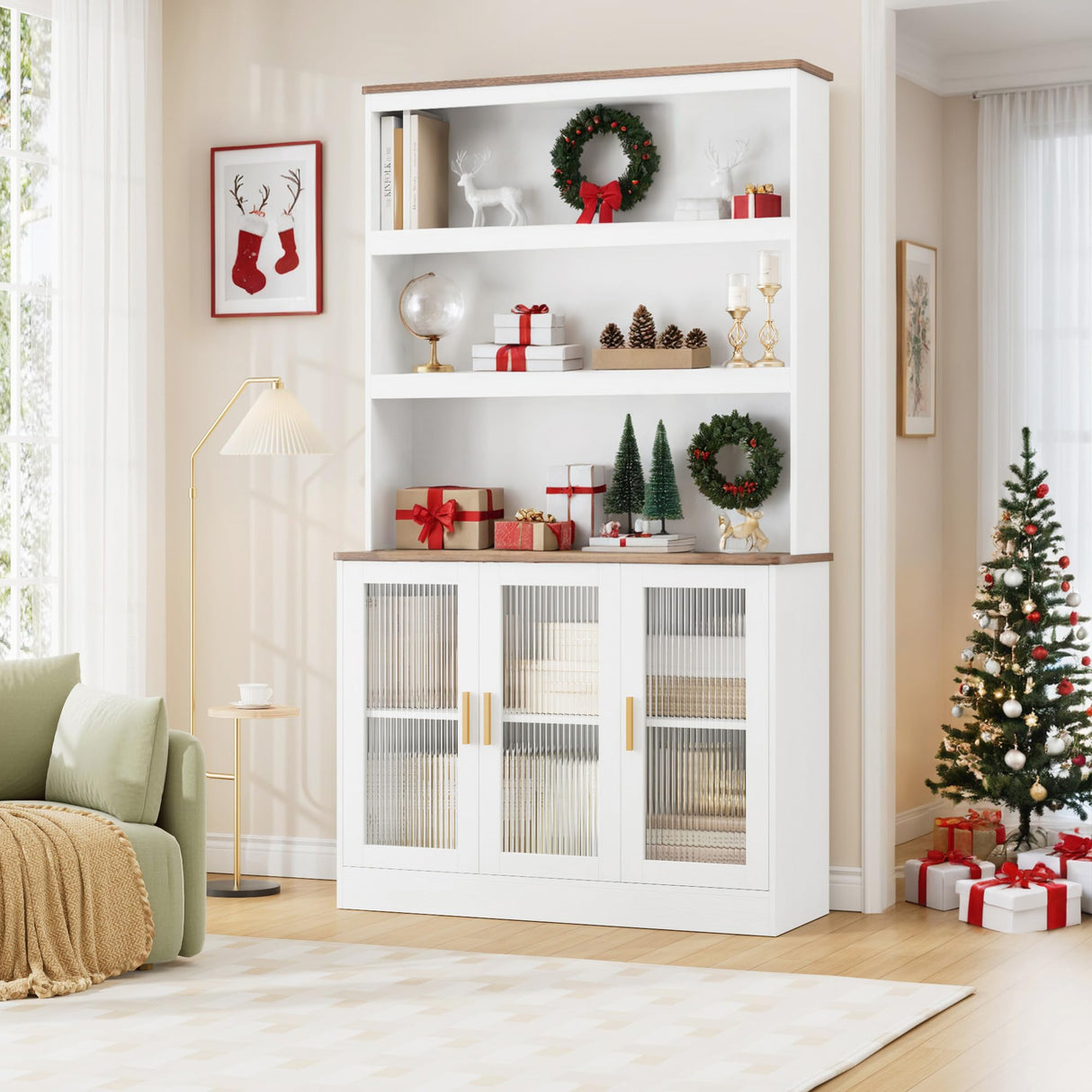 Tall Storage Cabinet, 73" Kitchen Pantry Cabinet with Doors, Kitchen Cupboard Open Shelf, 5 Tier Tall Bookcase with Storage for Living Room, Kitchen, White