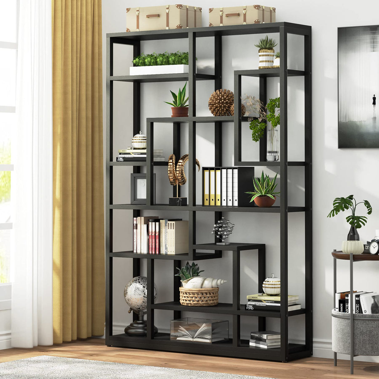 Black Bookshelf 47” Bookcase 9 Tier Tall Book Shelf Rustic Geometric Bookcase Display Shelf Organizer with Open Storage Shelf for Living Room, Industrial Wood Metal Bookshelf for Office