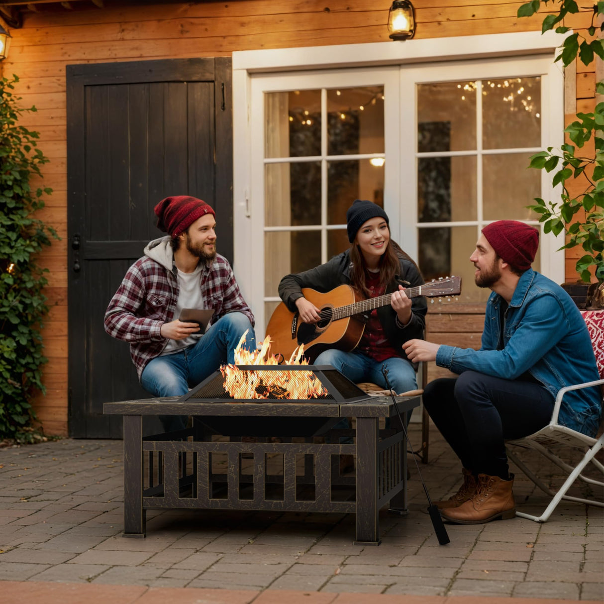 Multifunctional Patio Fire Pit Table, 32in Square Metal BBQ Firepit - Bircata