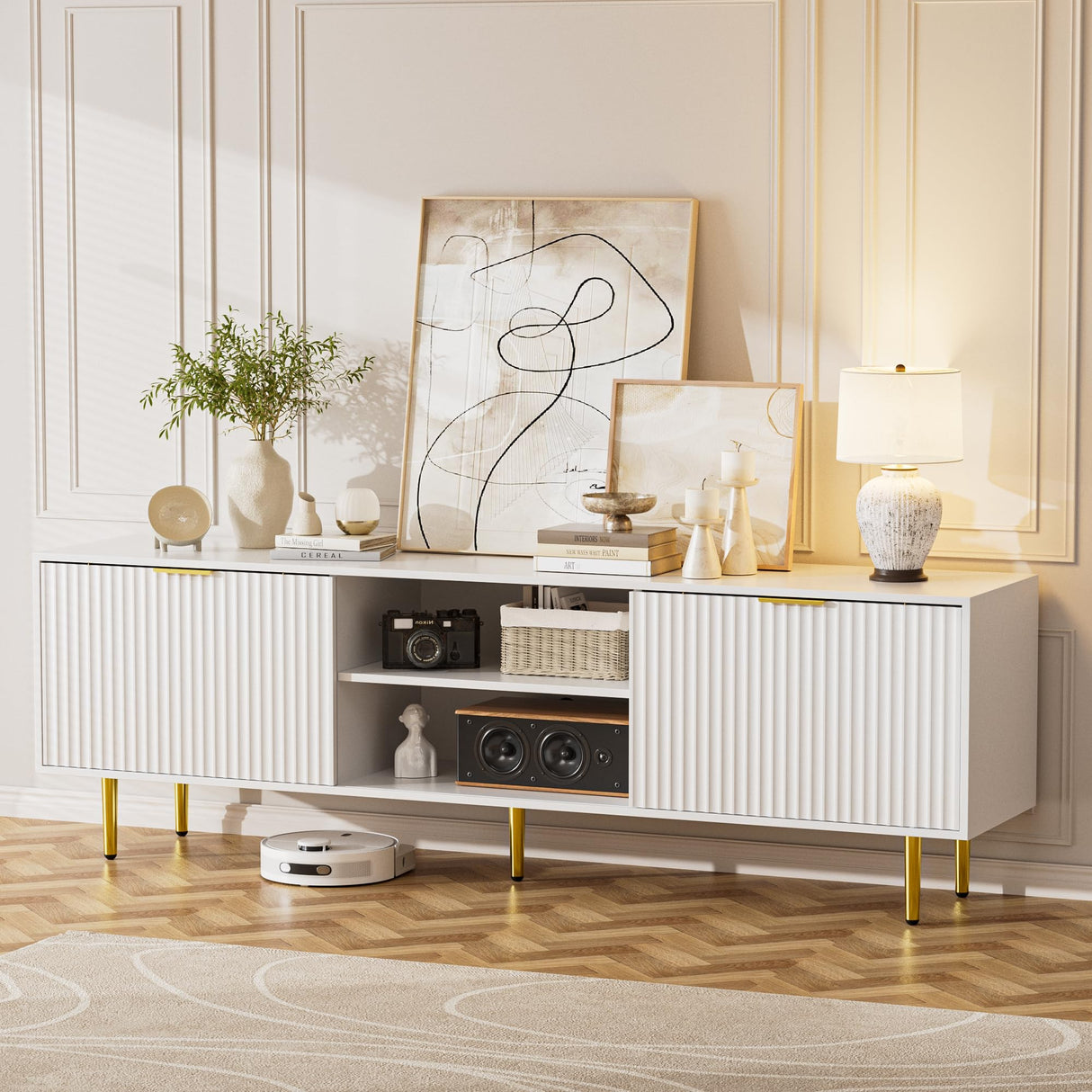 TV Stand for 75 Inch TV, Fluted TV Stands with Sliding Doors