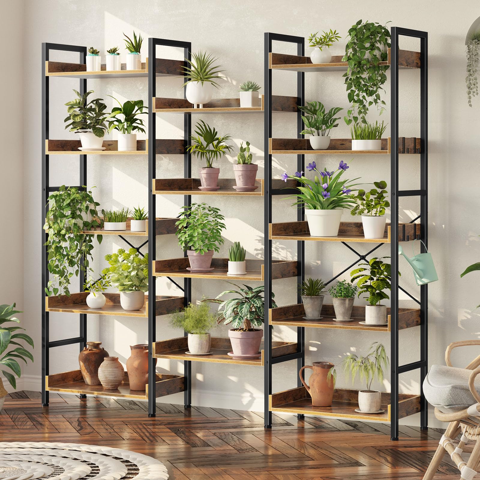 Bookshelf 5 Tiers with 4 Hooks, Triple Bookcase with Open Display Shelves