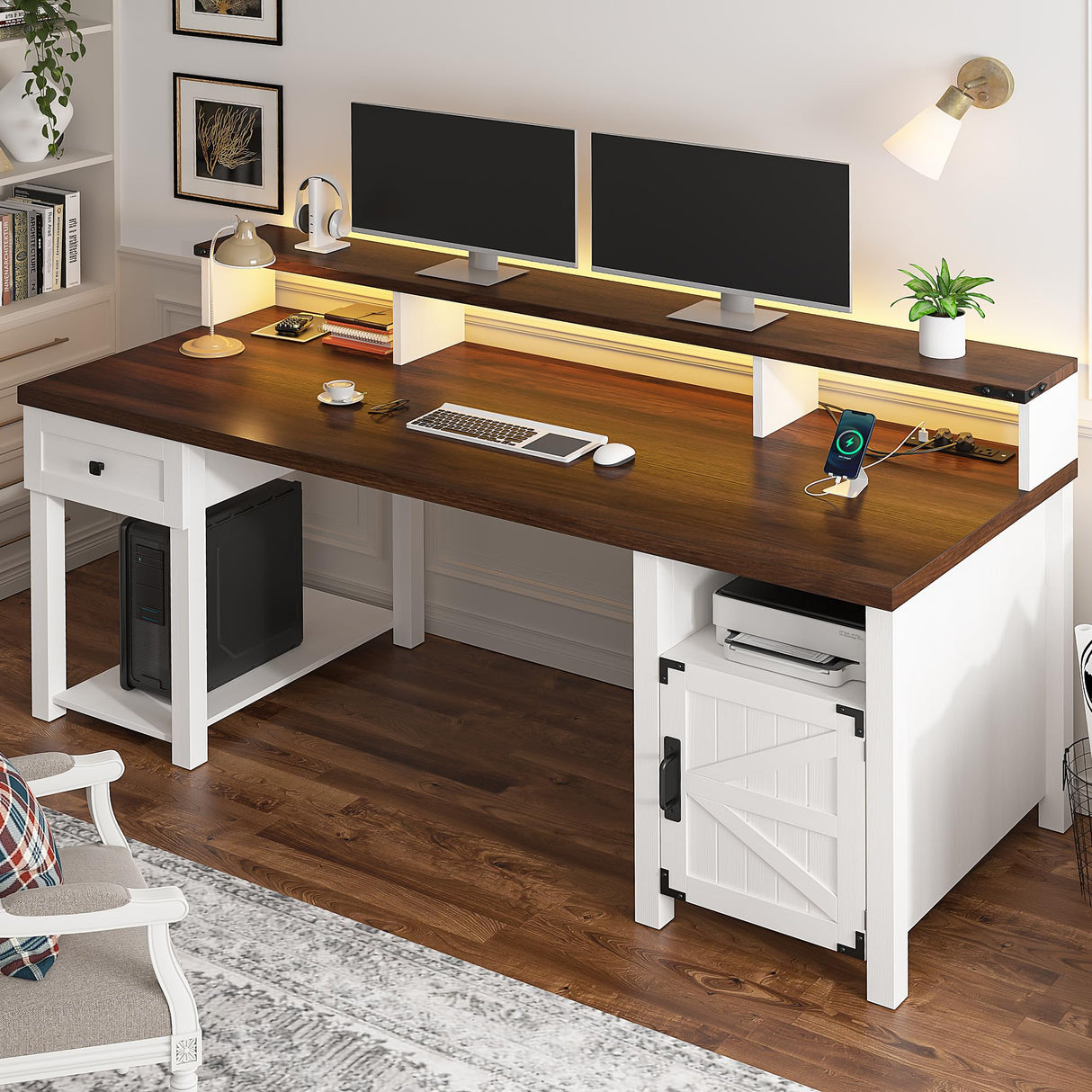 55" Computer Desk with Drawers Farmhouse Desk with Long Monitor Stand Reversible