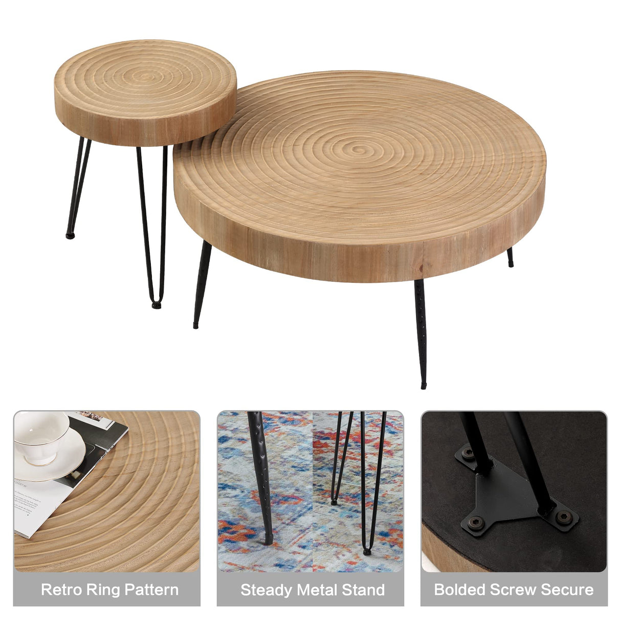 Farmhouse Round Coffee Table Set of 2, Cocktail Table Set, Modern Circle Natural Wood