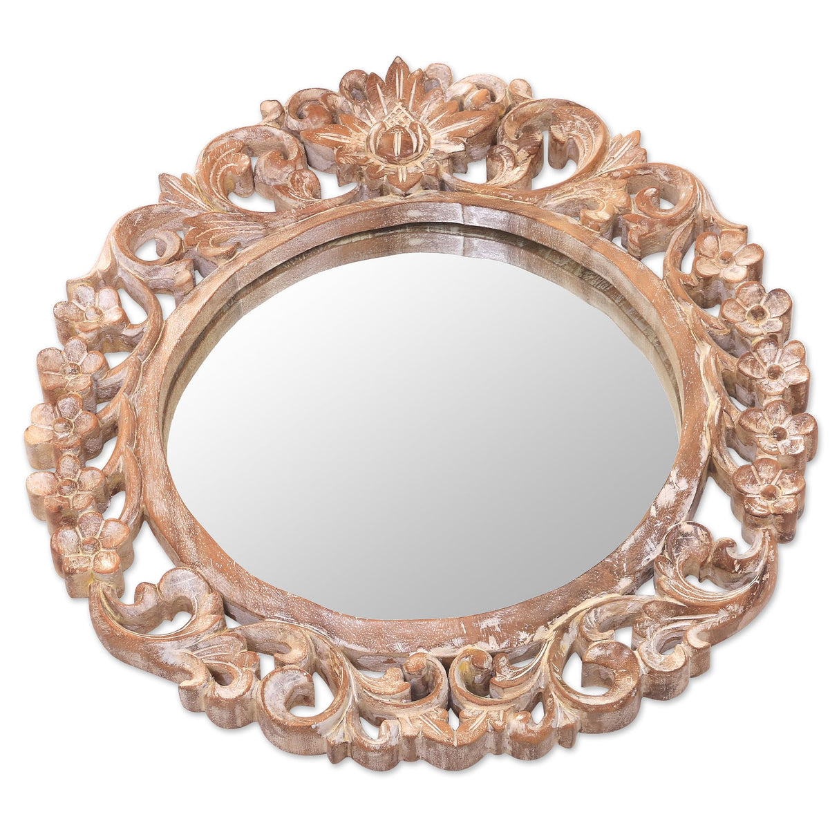 Hand Carved Natural Suar Wood Floral Round Wall Mirror from Indonesia, Brown