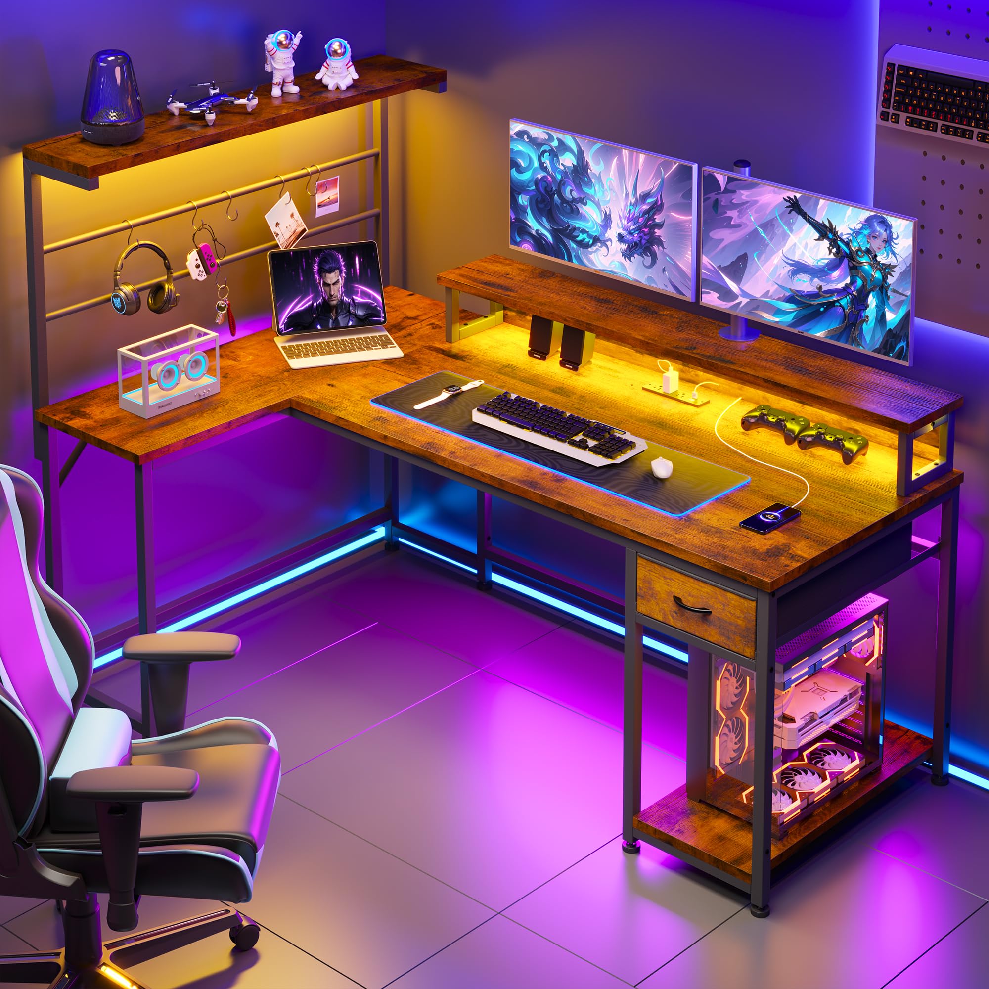 52"W Gaming Desk Desk with Storage Stable L Shaped Gaming Desk