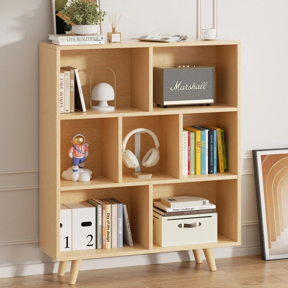 7 Cube Bookshelf, 3 Tier Mid-Century Modern Bookcase with Legs