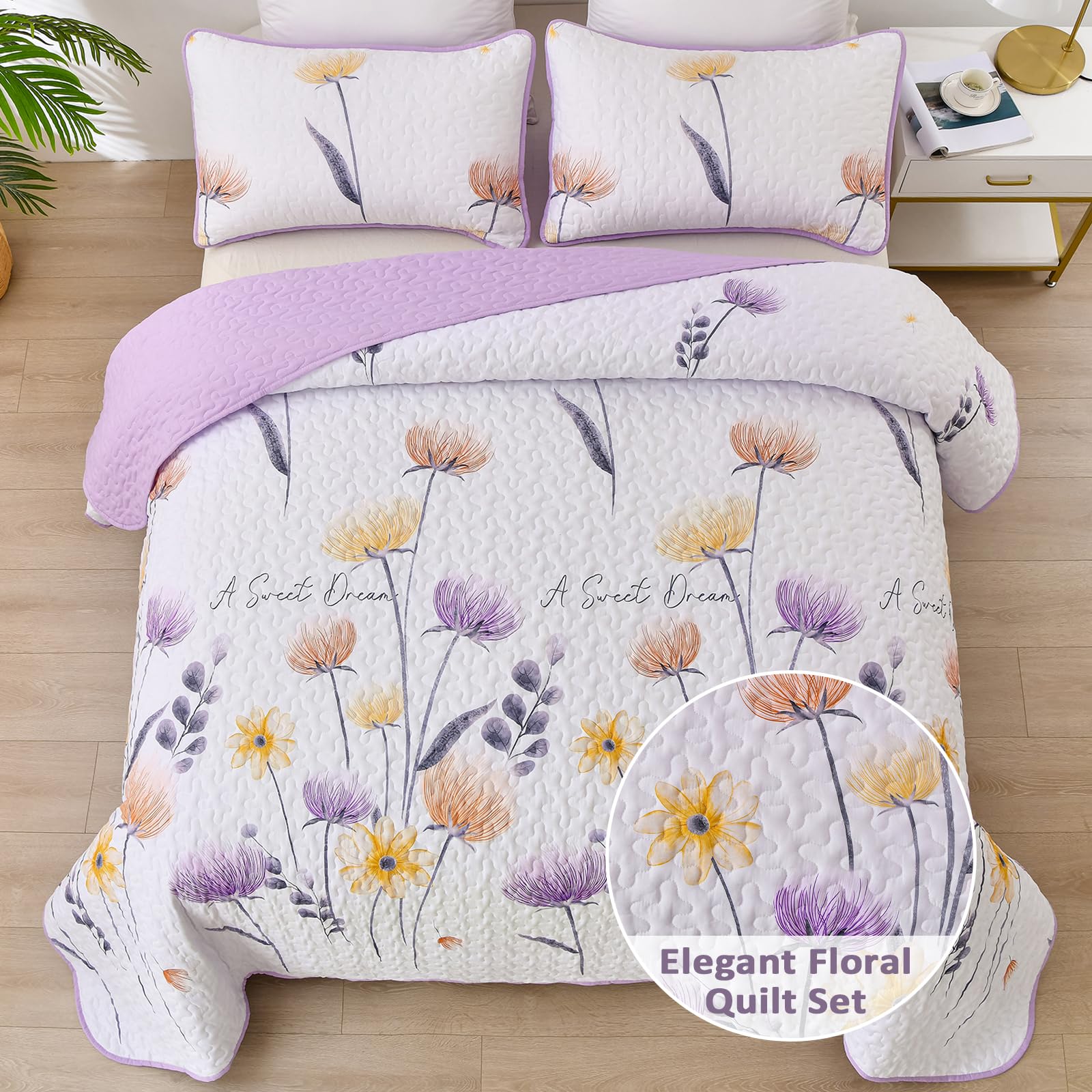 King Size Quilt Set Floral,3 Pieces Purple & Yellow Quilts Coverlet Set Boho Bedspreads Bed Cover Lightweight White Botanical Quilt Bedding Sets for King Bed (90"x104")
