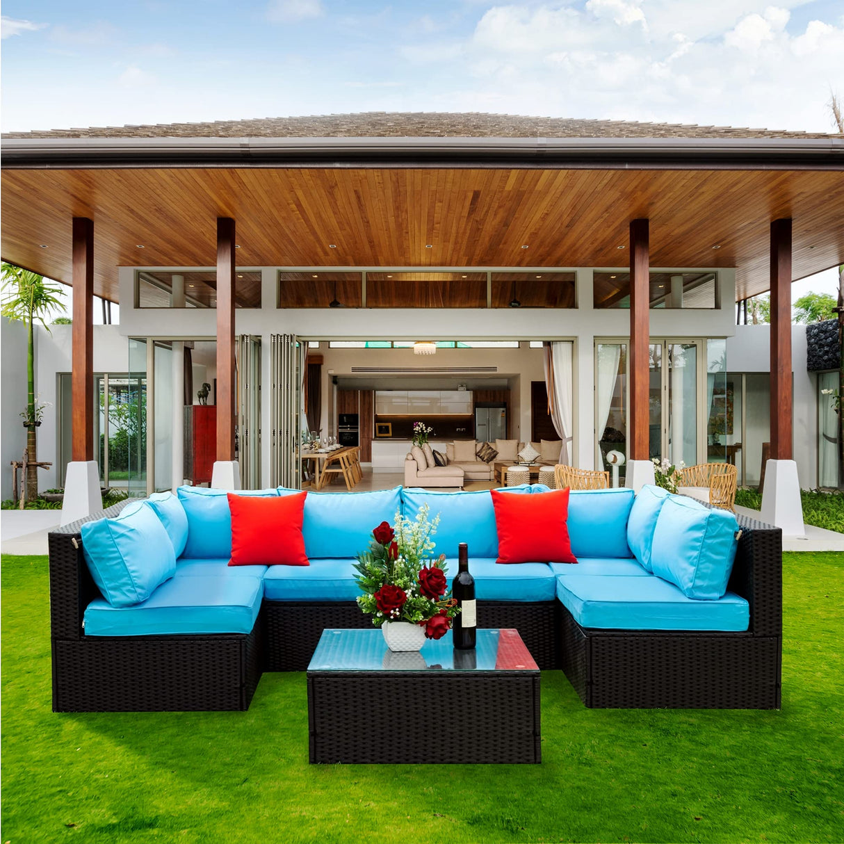 5 Pieces PE Rattan Sectional Outdoor Furniture Set with Cushions and Pillows