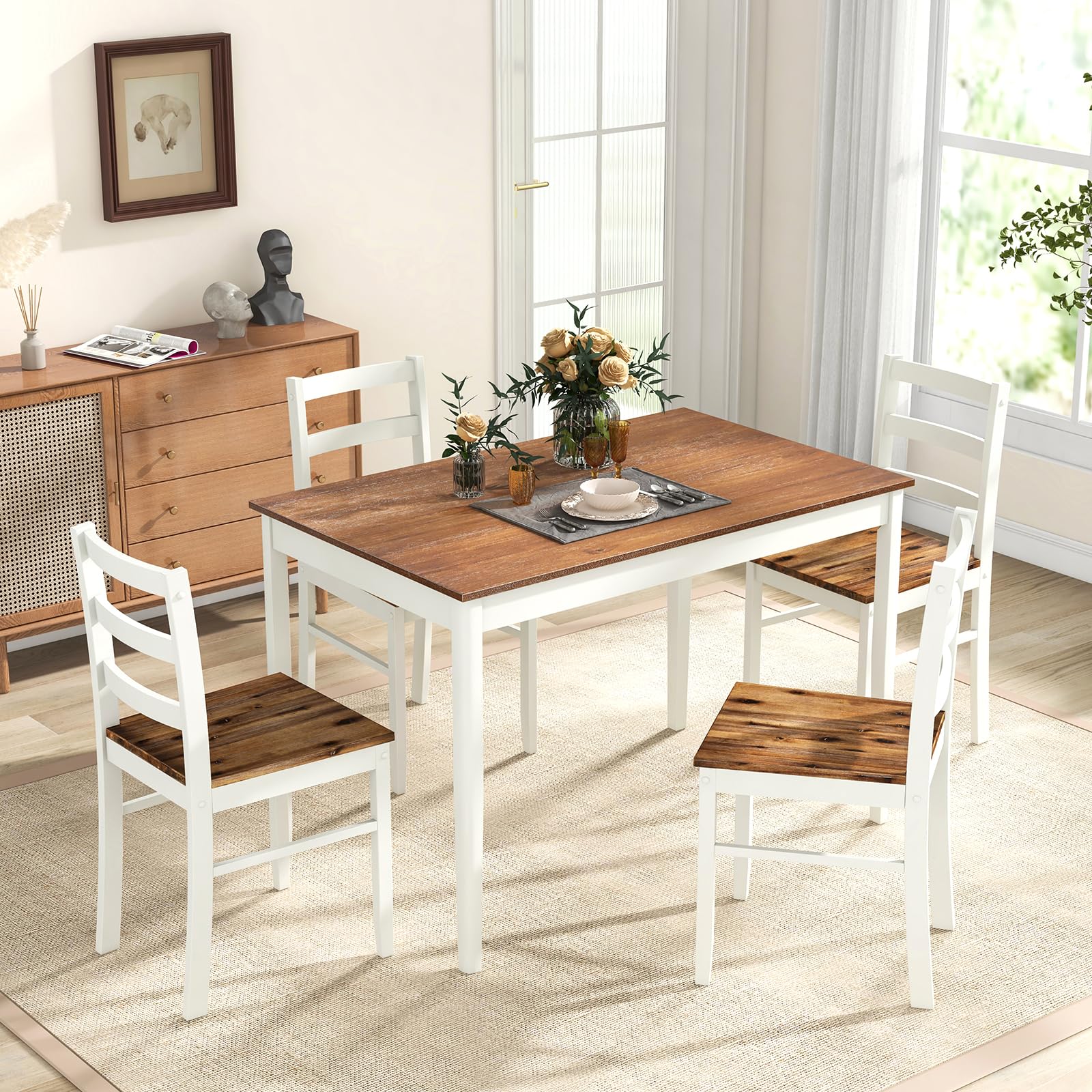 Set for 4, Solid Wood, Farmhouse Dinette Set w/Rubber Wood Legs, Mid-Century Modern