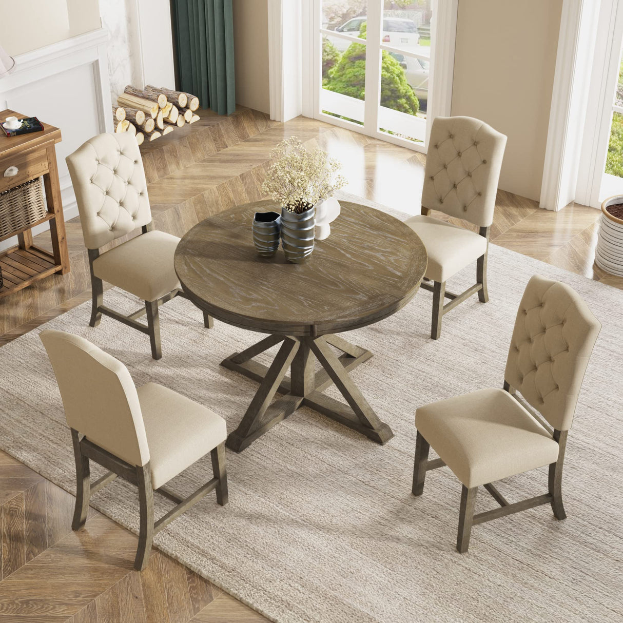 Dining Table Set, Wood Round Dining Table Set with Extendable Table and 4 Upholstered