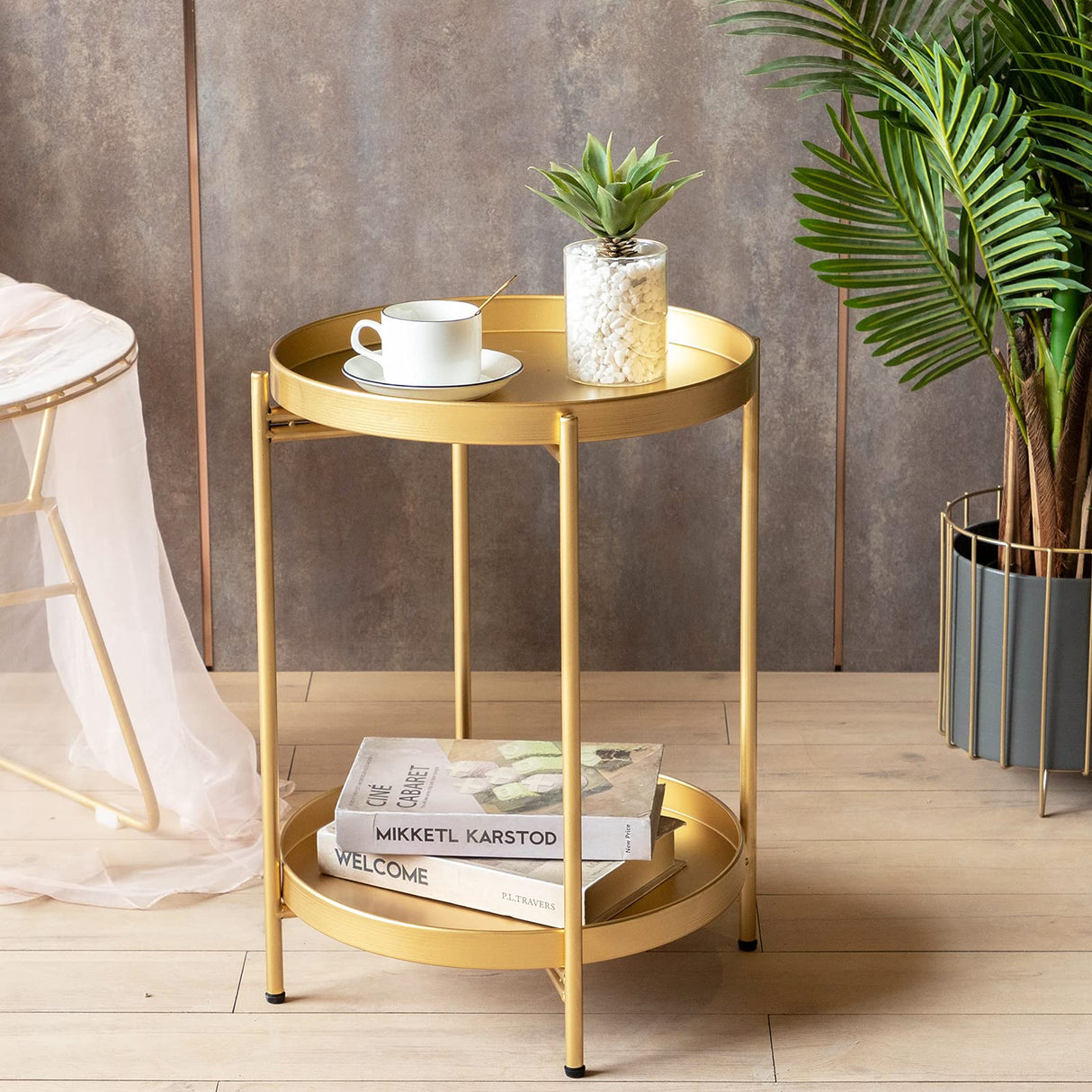 Gold Folding End Table 2-Tier Metal Round Side Table with Removable Tray for Living