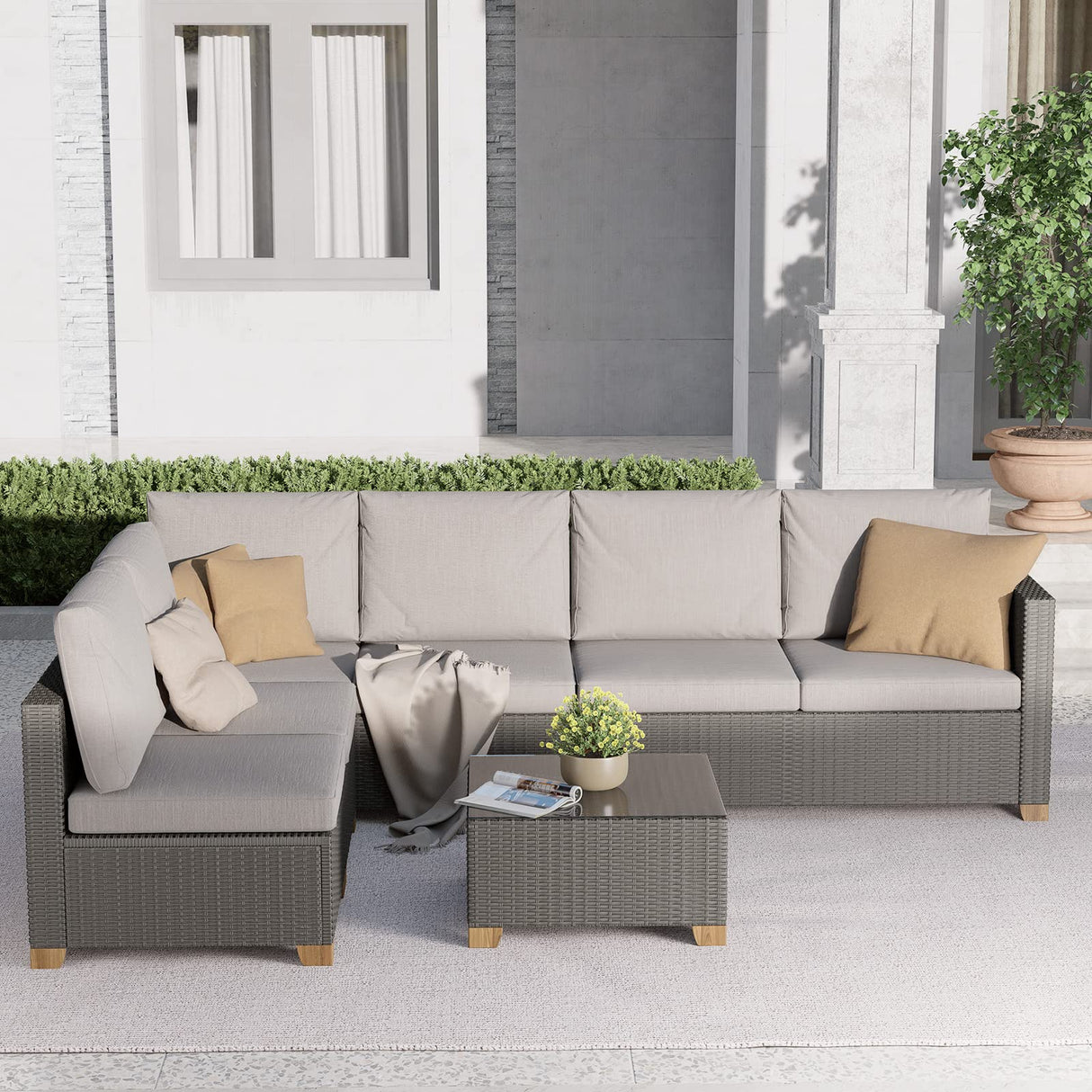6 Seats Outdoor Conversation Sets with Olefin Cushions, Wicker Modular Sofa Sets with Coffee Table for Backyard Garden Poolside Light Gray