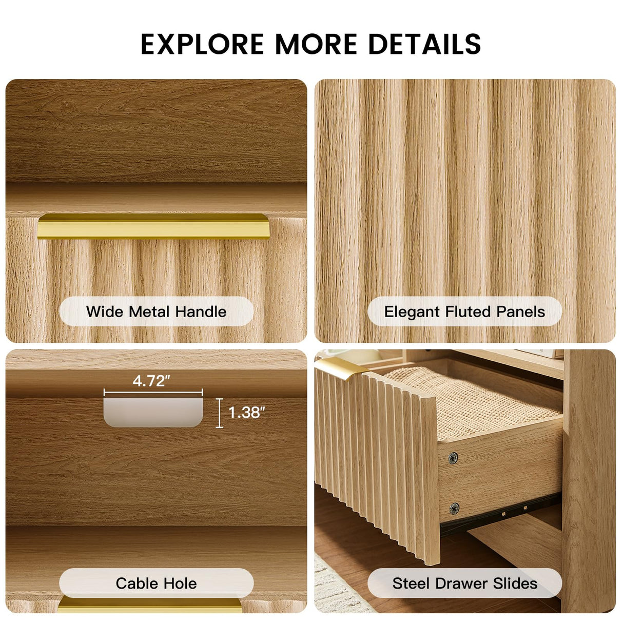 Fluted TV Stand for 50-65" TVs with Drawers and Open Shelf